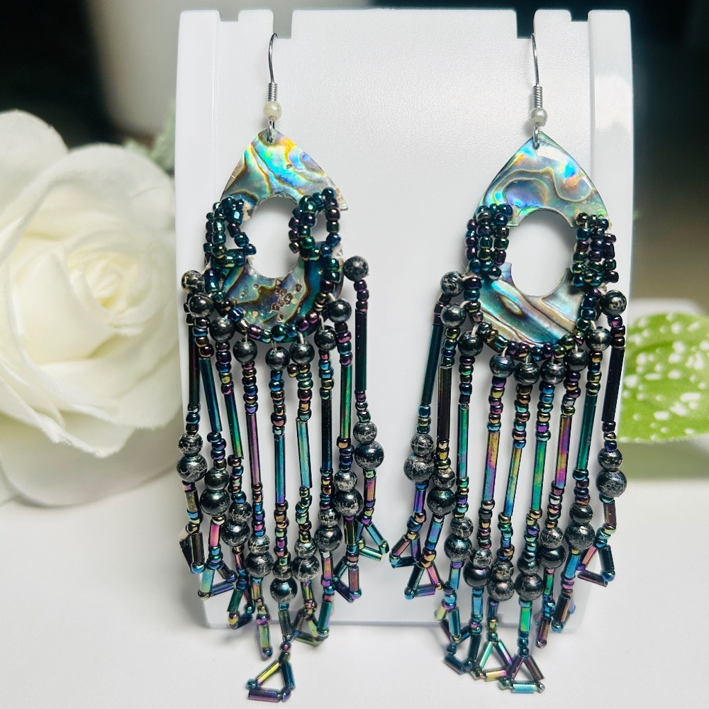 Intricate Mother of Pearl, Abalone Shell Aurora Borealis Seed Bead Earrings